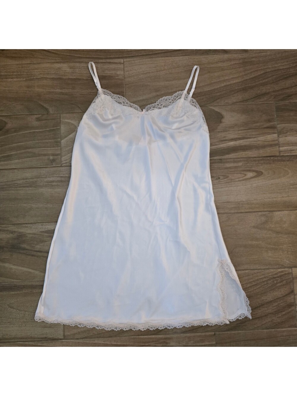 Victoria's Secret Womens S Satin Chemise Slip Nightgown White Blush Lace Slit
